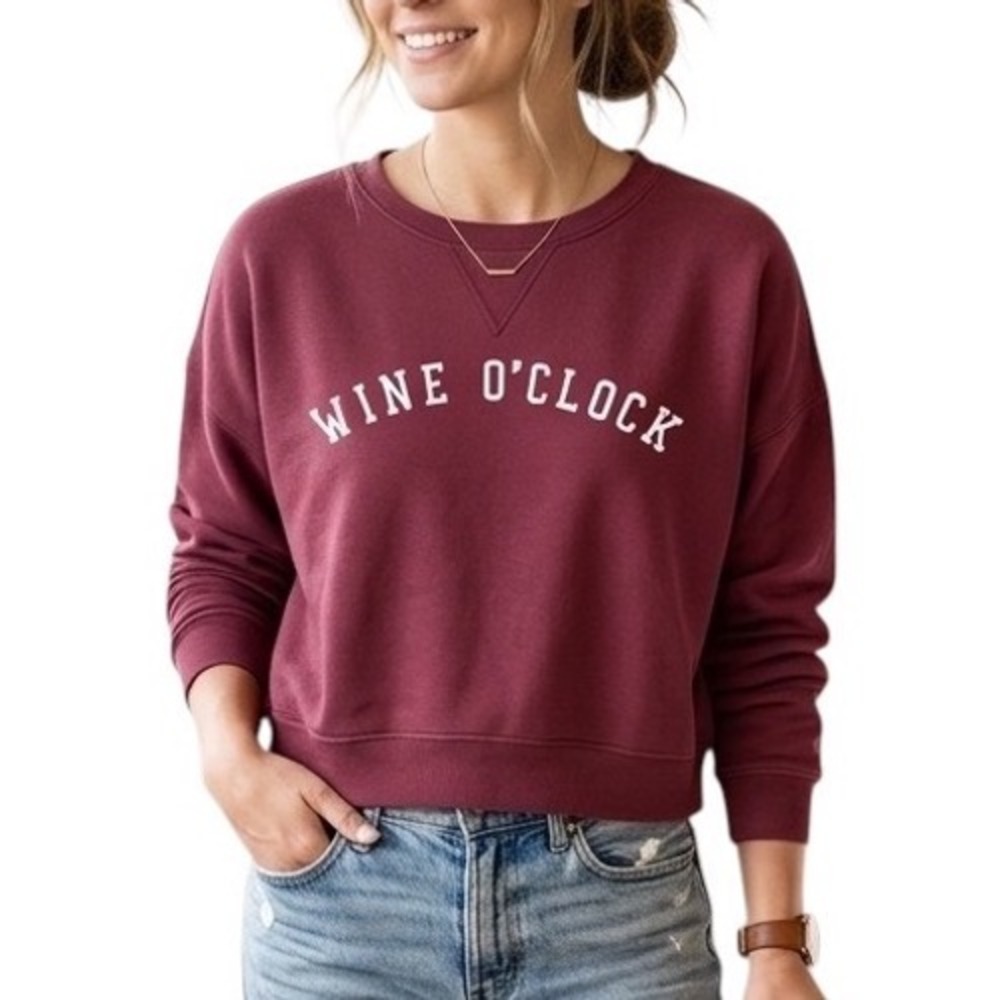 Fifth Sun Wine O'Clock Burgundy Cropped Graphic Sweatshirt Winecore Women Large
